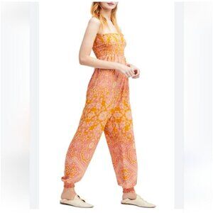 Free People Thinking Of You Jumpsuit Size Large Paisley Boho Strapless Orange